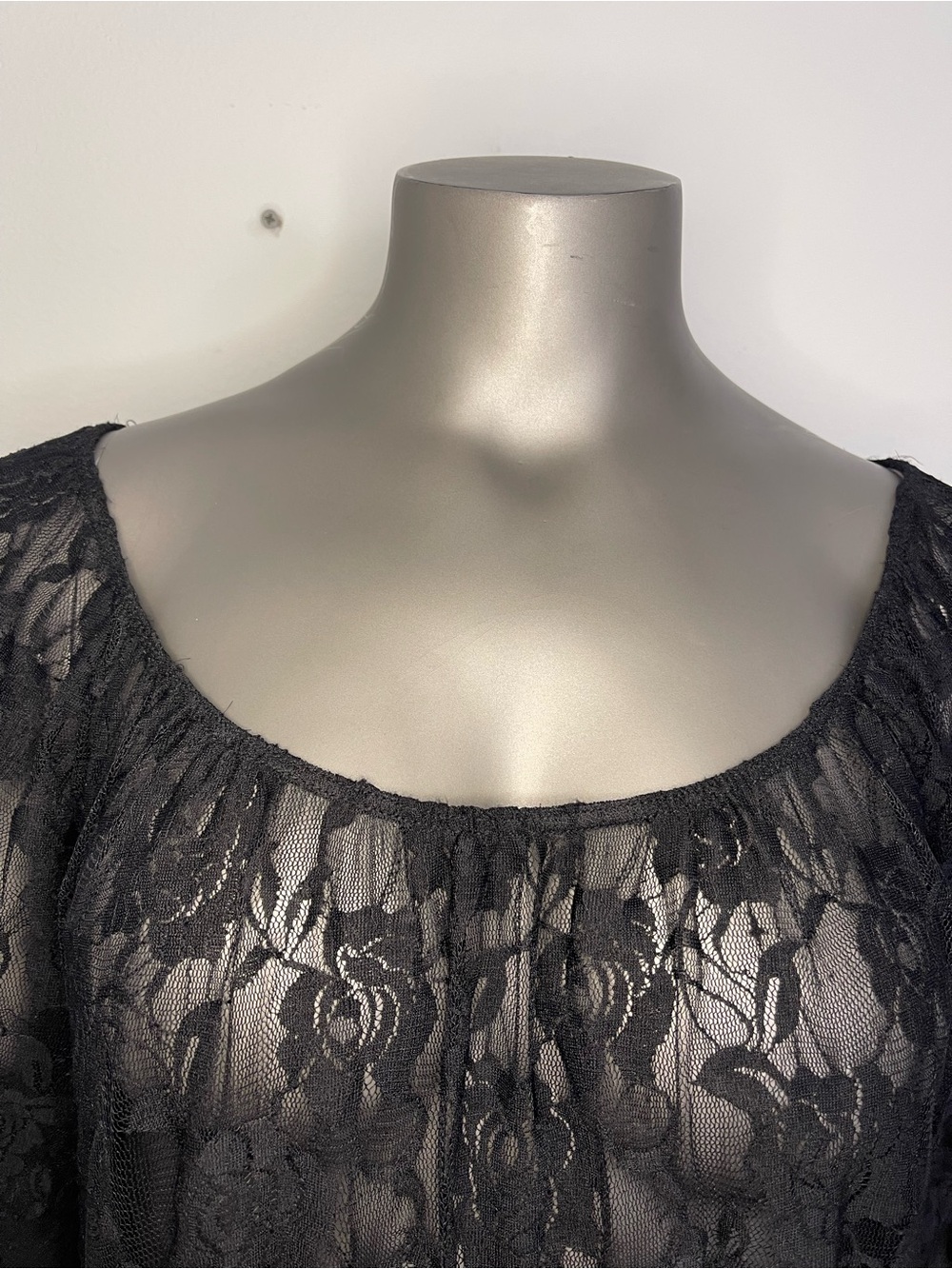 French Atmosphere Lace Top L Black Elastic Waist Sheer Puff Sleeve Peasant Sexy - Picture 4 of 13
